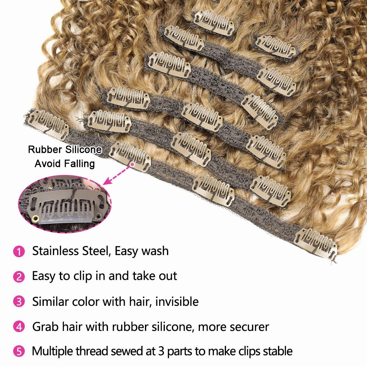 BHF 26 inch Kinky Curly Clip In Hair Extension, Double Weft Full Head Japanese Heat Resistance Fiber 140g Synthetic Hair Extensions For Women 7pieces (#P8/24)