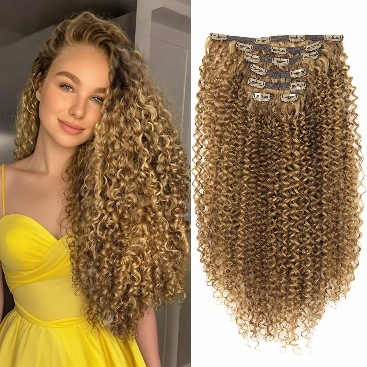 BHF 26 inch Kinky Curly Clip In Hair Extension, Double Weft Full Head Japanese Heat Resistance Fiber 140g Synthetic Hair Extensions For Women 7pieces (#P8/24)