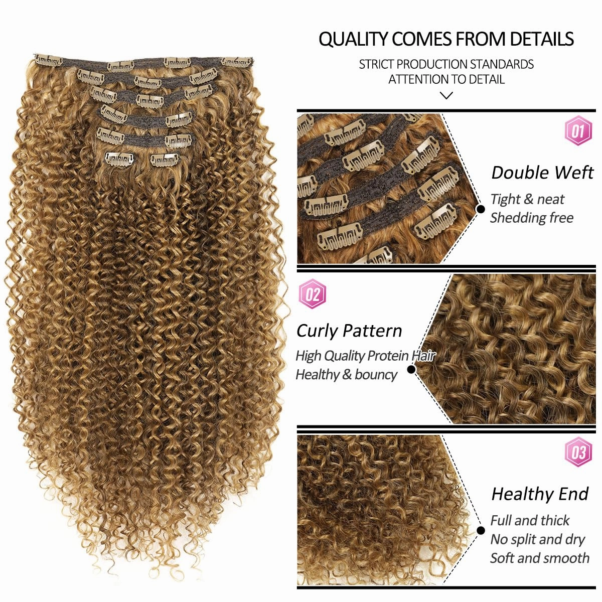 BHF 26 inch Kinky Curly Clip In Hair Extension, Double Weft Full Head Japanese Heat Resistance Fiber 140g Synthetic Hair Extensions For Women 7pieces (#P8/24)