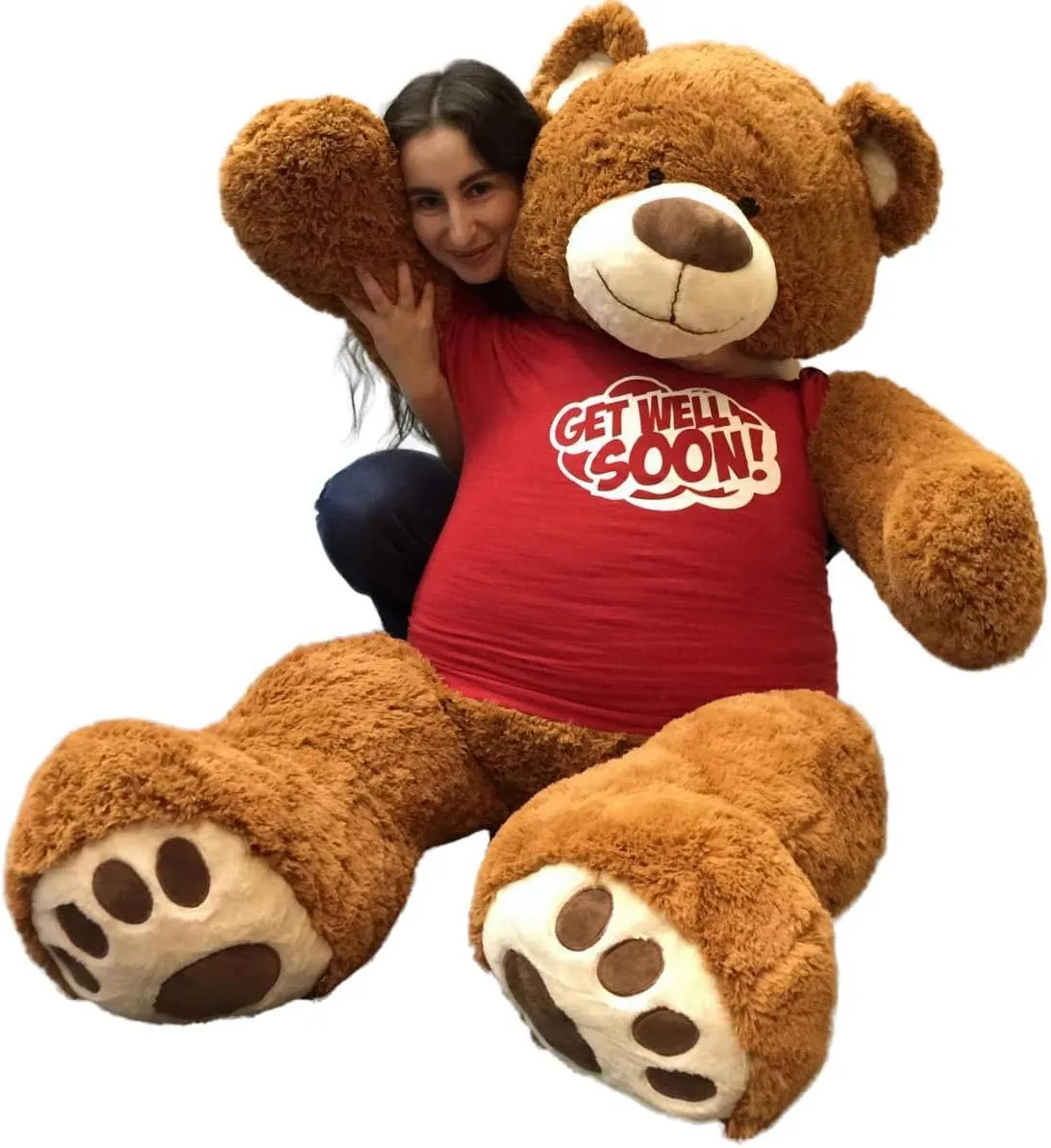 Big Plush 5 Foot Giant Teddy Bear Wearing GET Well Soon T-Shirt 60 Inch Soft Cinnamon Brown Color Huge Teddybear