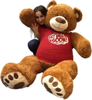 Big Plush 5 Foot Giant Teddy Bear Wearing GET Well Soon T-Shirt 60 Inch Soft Cinnamon Brown Color Huge Teddybear