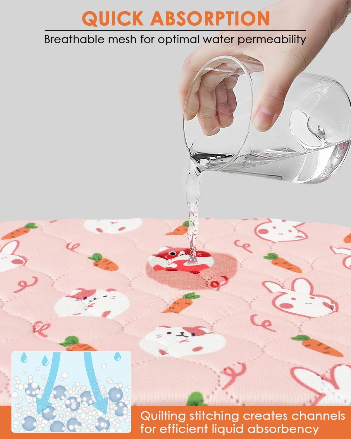 Bissap 2 Packs Guinea Pig Cage Liners, 47''X24'' Washable Guinea Pig Pee Pads Non Slip Reusable Fast and Super Absorbent Bedding for Small Animals Rabbit Hamster Chinchillas Rat - Pink