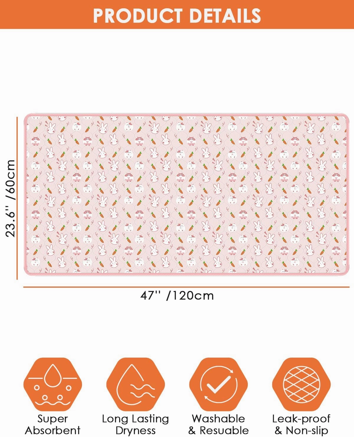 Bissap 2 Packs Guinea Pig Cage Liners, 47''X24'' Washable Guinea Pig Pee Pads Non Slip Reusable Fast and Super Absorbent Bedding for Small Animals Rabbit Hamster Chinchillas Rat - Pink