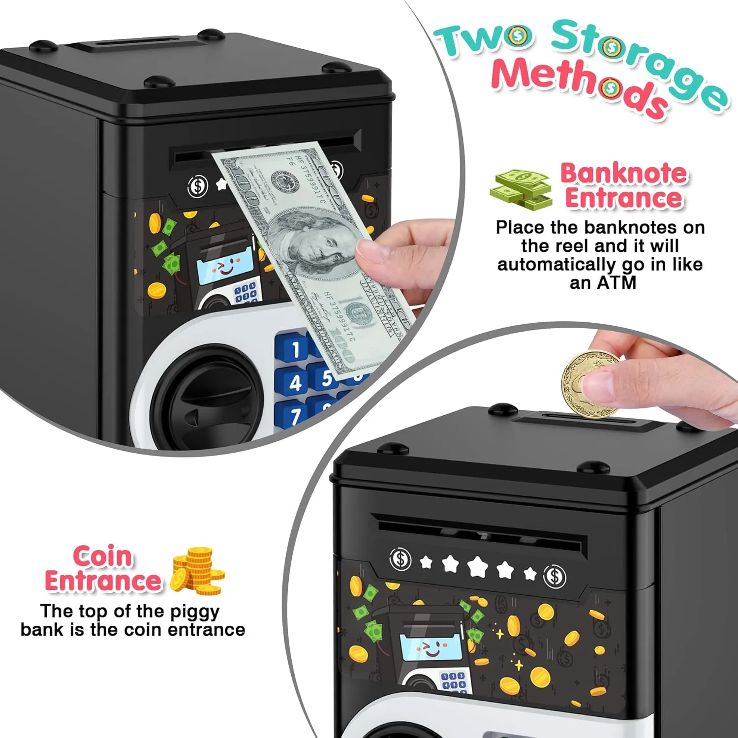 Black Piggy Bank for Kids, Cash Coin Can ATM Bank Electronic Coin Money Bank for Kids-Hot Gift, Great B-Day Xmas Toy Gifts for Kids