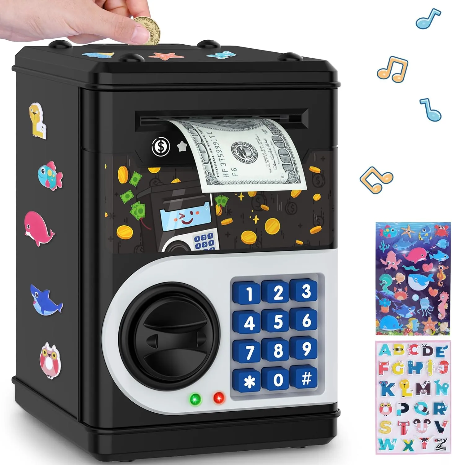 Black Piggy Bank for Kids, Cash Coin Can ATM Bank Electronic Coin Money Bank for Kids-Hot Gift, Great B-Day Xmas Toy Gifts for Kids