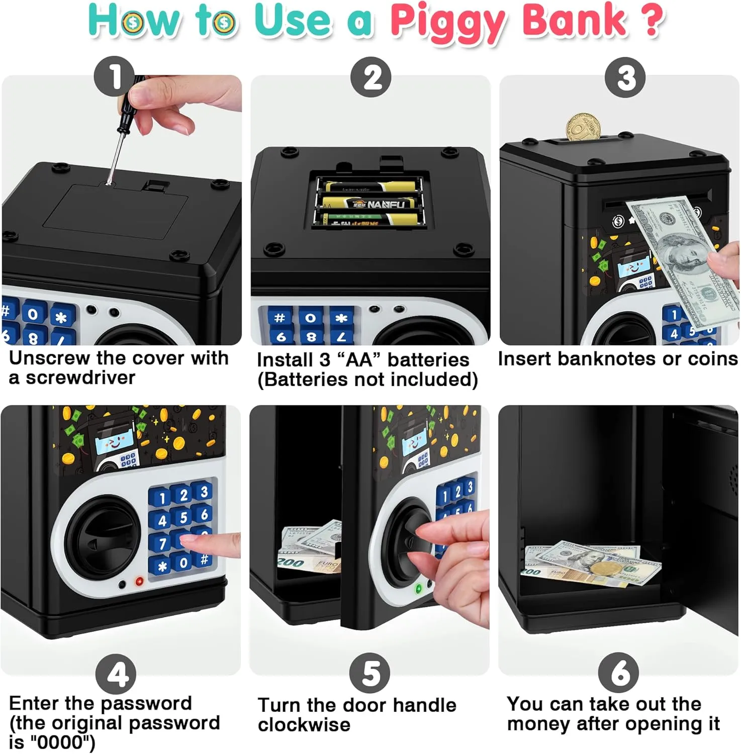 Black Piggy Bank for Kids, Cash Coin Can ATM Bank Electronic Coin Money Bank for Kids-Hot Gift, Great B-Day Xmas Toy Gifts for Kids