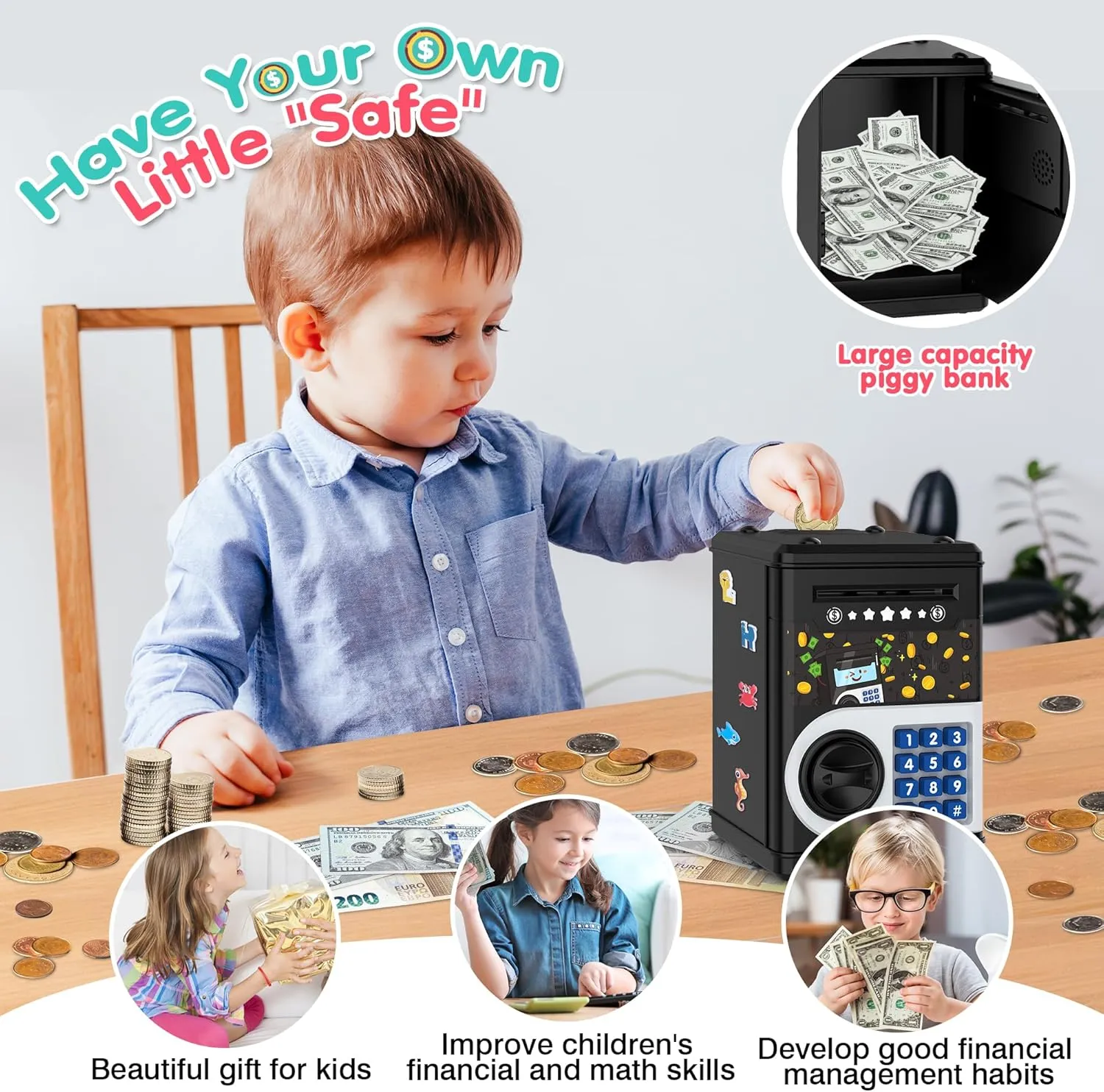Black Piggy Bank for Kids, Cash Coin Can ATM Bank Electronic Coin Money Bank for Kids-Hot Gift, Great B-Day Xmas Toy Gifts for Kids