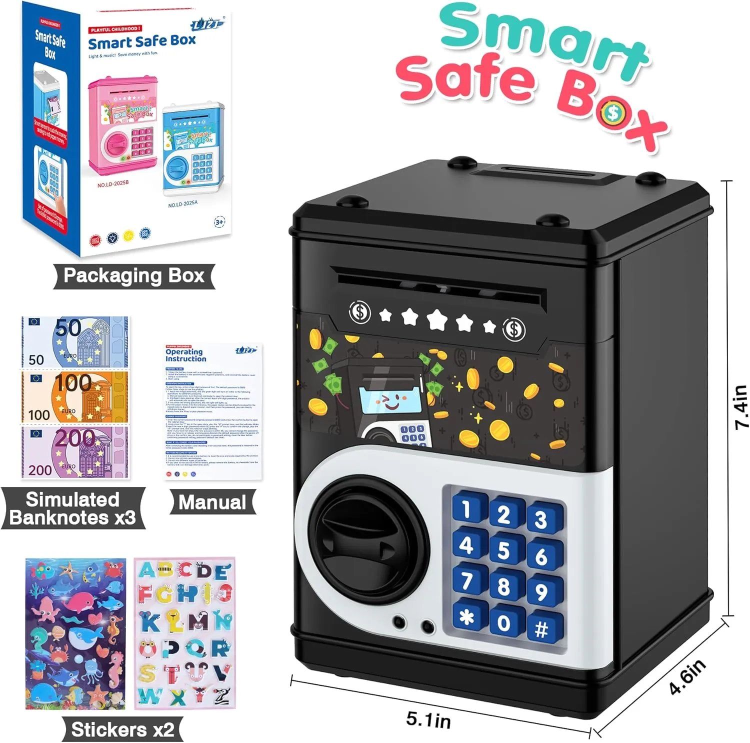 Black Piggy Bank for Kids, Cash Coin Can ATM Bank Electronic Coin Money Bank for Kids-Hot Gift, Great B-Day Xmas Toy Gifts for Kids
