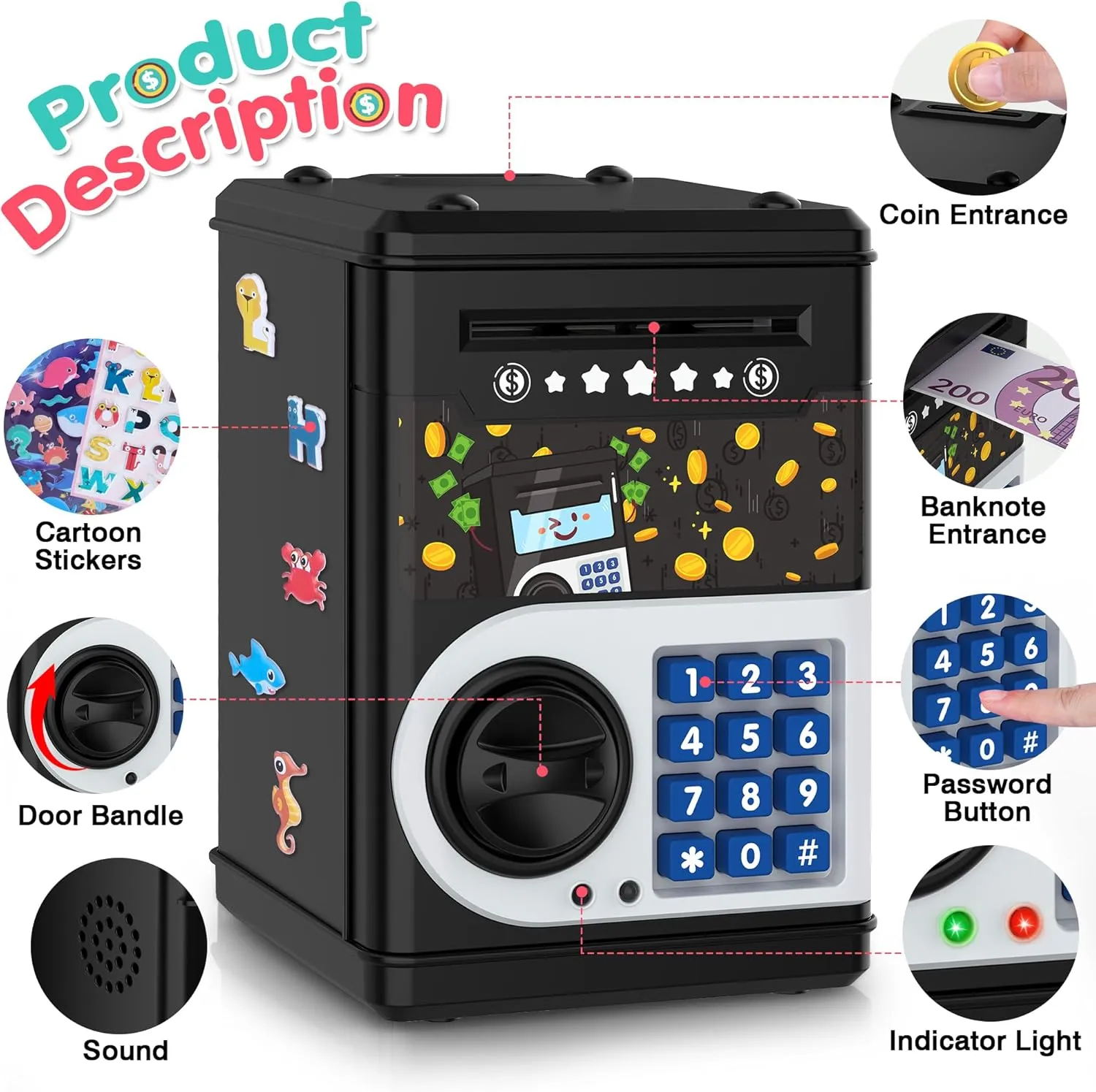 Black Piggy Bank for Kids, Cash Coin Can ATM Bank Electronic Coin Money Bank for Kids-Hot Gift, Great B-Day Xmas Toy Gifts for Kids