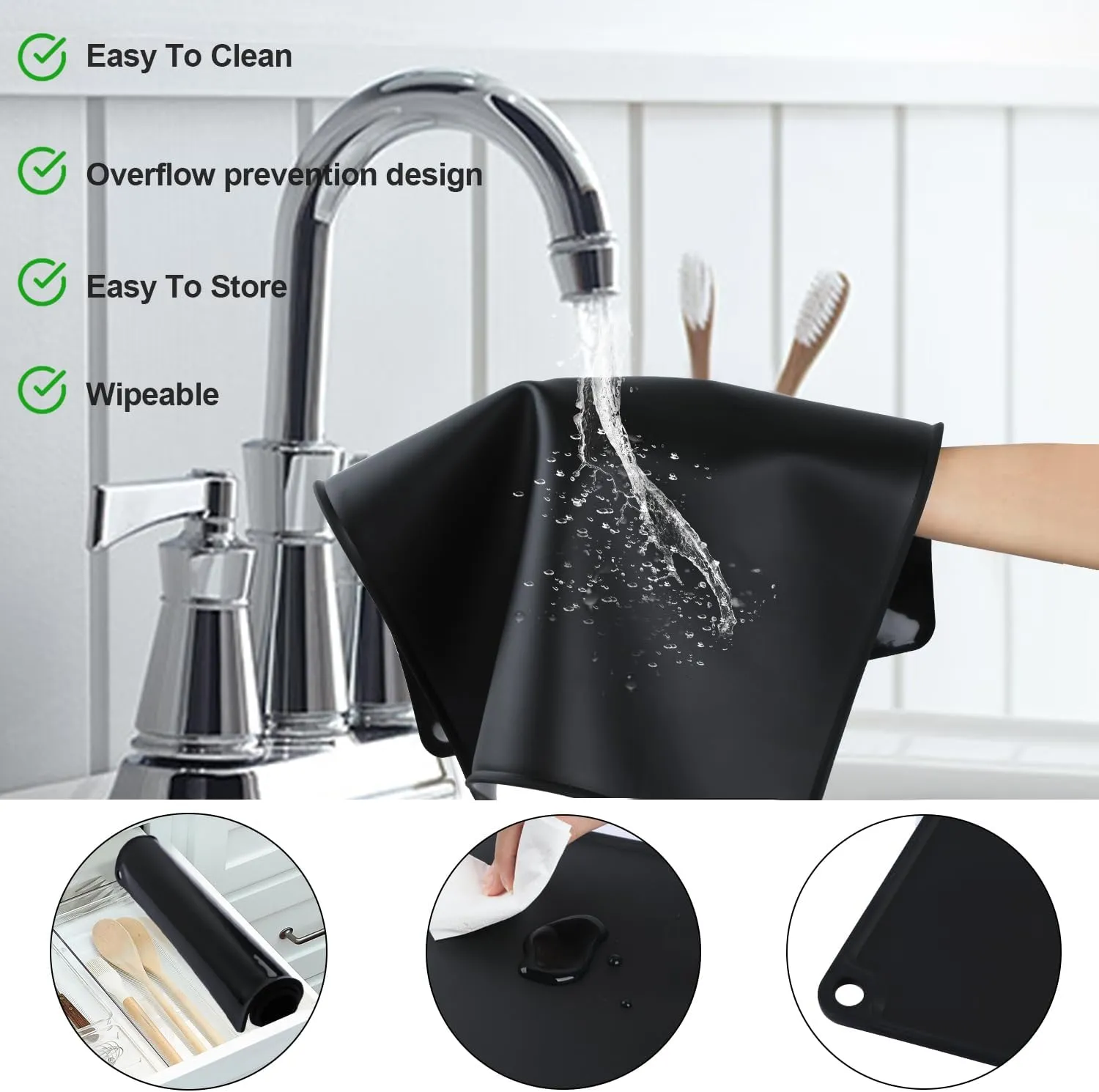 Black Silicone Placemats - Multipurpose Baby Food Mat & Reusable Countertop Mats with Raised Edges, Heat Resistant for Air Fryer (1 Pack, 19.7" x 15.7")