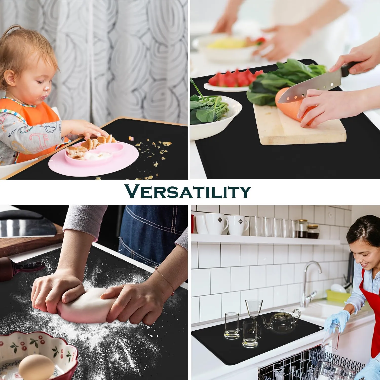 Black Silicone Placemats - Multipurpose Baby Food Mat & Reusable Countertop Mats with Raised Edges, Heat Resistant for Air Fryer (1 Pack, 19.7" x 15.7")