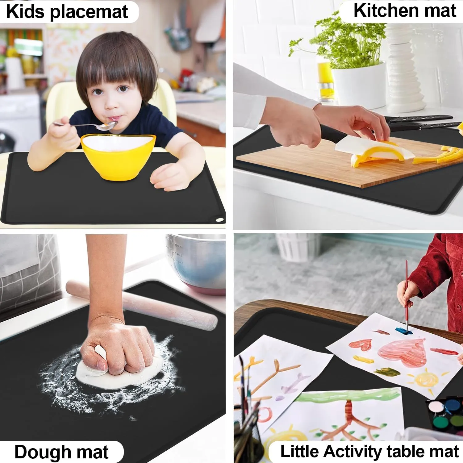 Black Silicone Placemats - Multipurpose Baby Food Mat & Reusable Countertop Mats with Raised Edges, Heat Resistant for Air Fryer (1 Pack, 19.7" x 15.7")