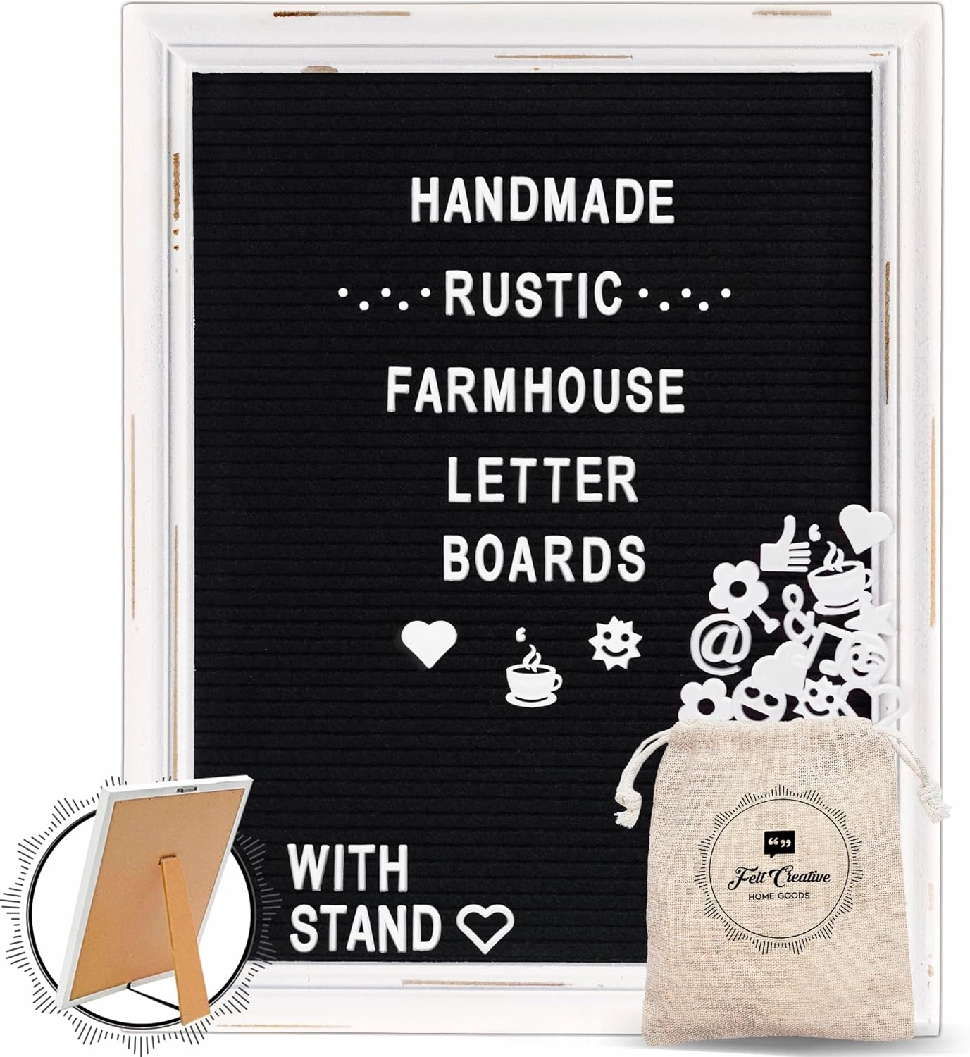 Black Felt Letter Board Baby Announcement Sign with Rustic Wood White Frame - Rustic Farmhouse Letter Board Sign with Stand - 12x16 Felt Board Changeable Message Board with 350 Letter Set