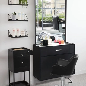 Black Salon Station Cabinet with mirror, Barber Hair Styling Stations, Beauty Dresser Spa Bathroom Equipment,Barber Station Makeup Mirrors Cabinet Hair Styling Station Beauty Salon Spa Equipment