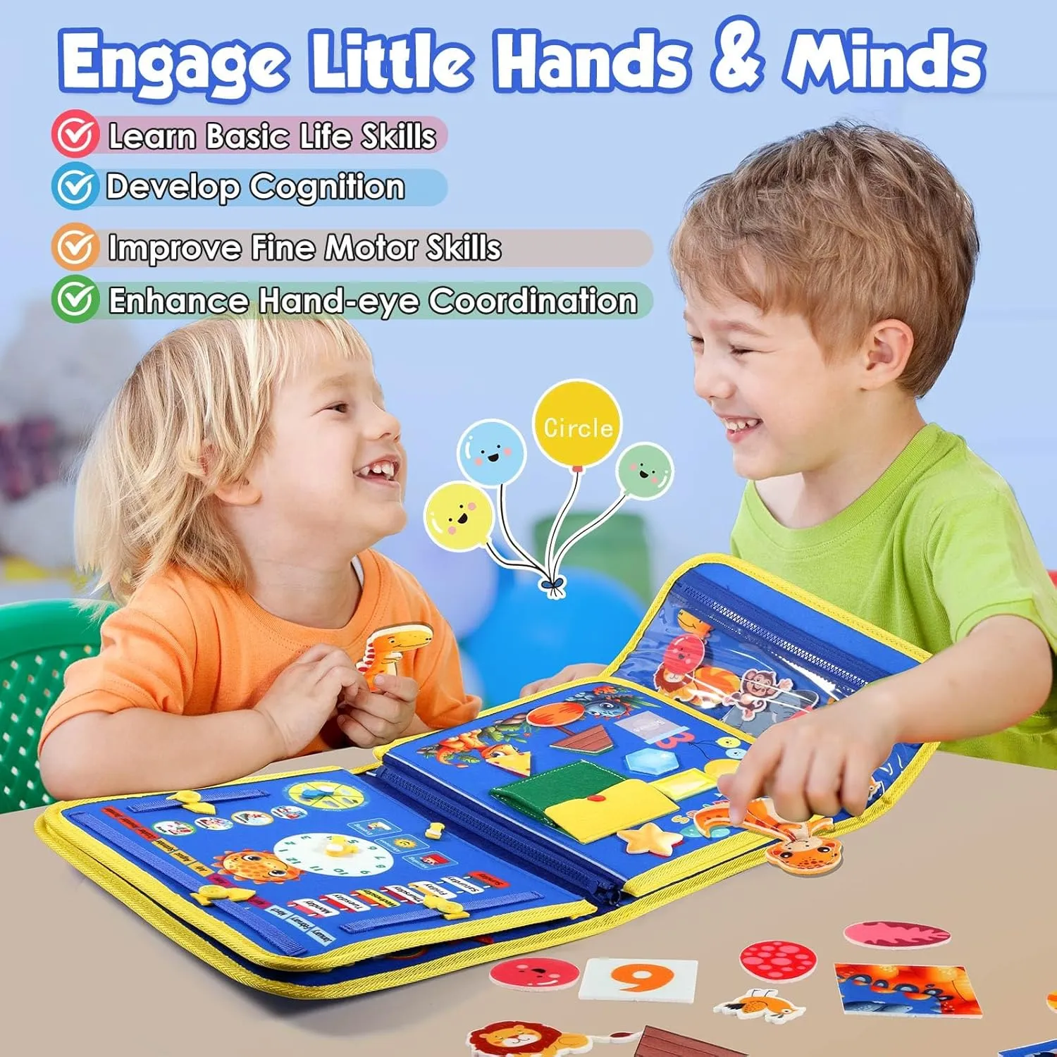 Blue Montessori Busy Board Book for Toddlers 1-3, Montessori Toys for 1-3 Year Old Boy Birthday Gift, Educational Quiet Activity Books for Toddlers, Airplane Car Travel Toys for Ages 1-3 2-4