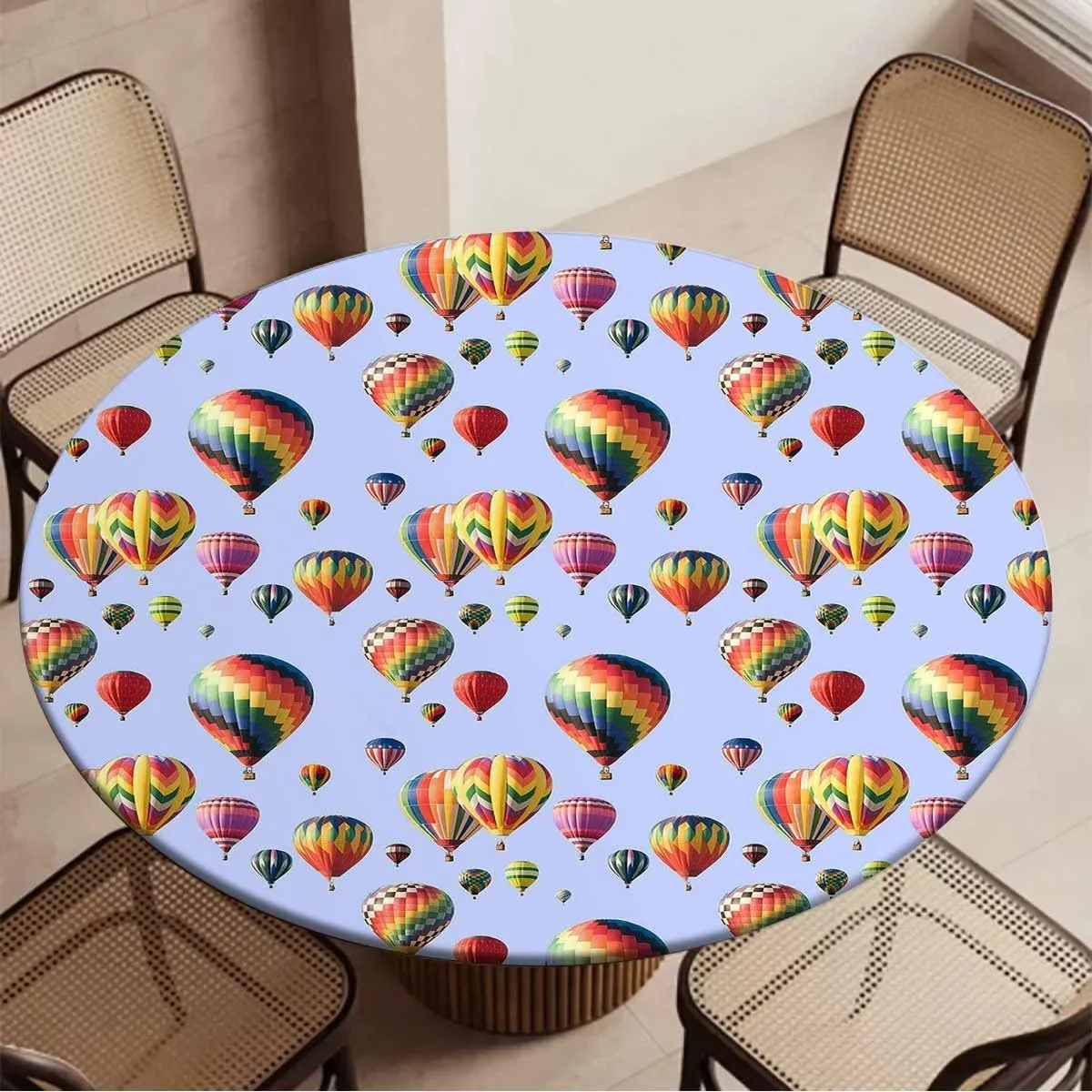 Blue Waterproof Stain Resistant Stretch Tablecloth Nostalgic Hot Air Balloons in Sky Flying Journey Fitted Table Cloths Cover Mat Colorful Fit for 36"-39" Table