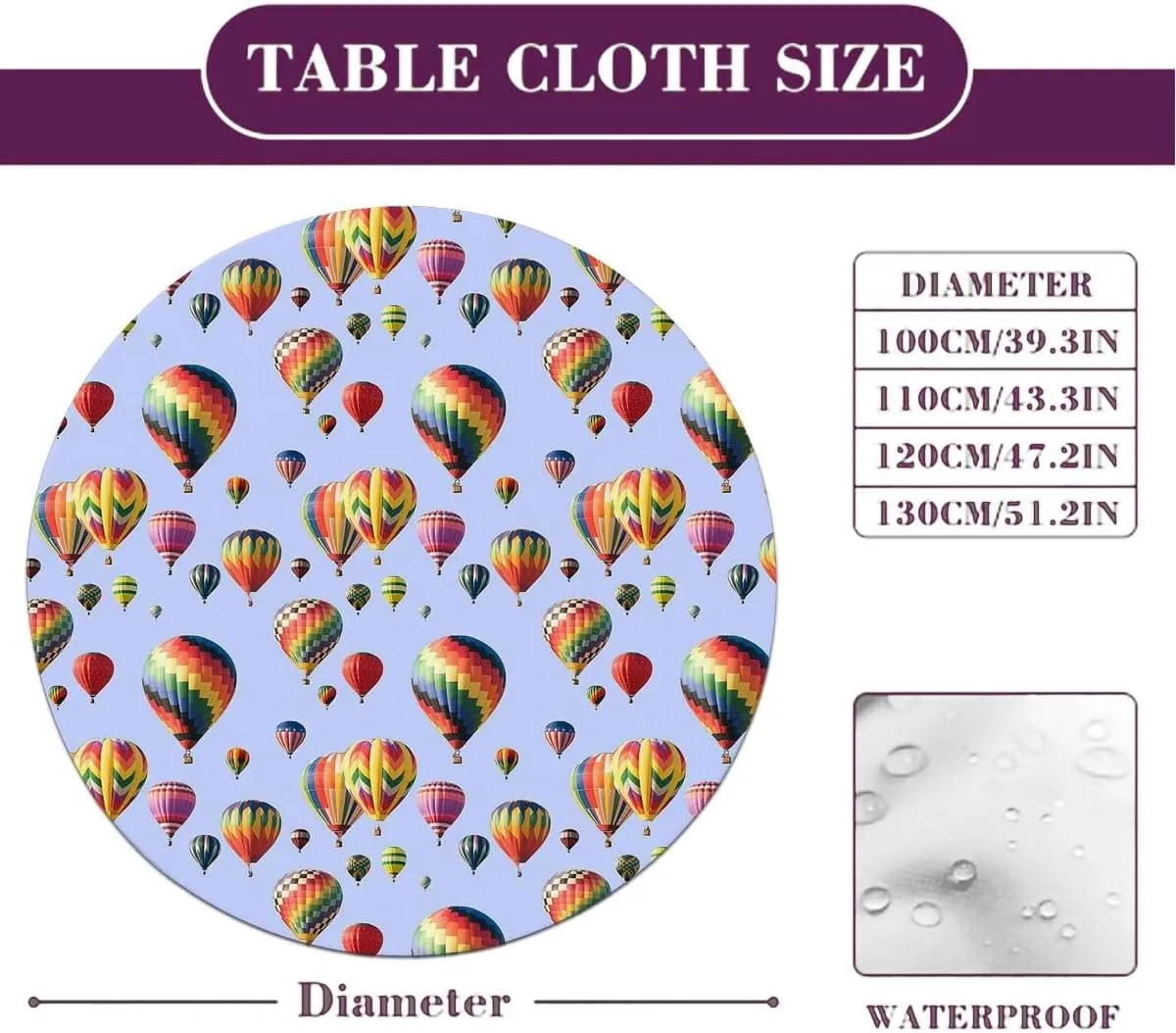 Blue Waterproof Stain Resistant Stretch Tablecloth Nostalgic Hot Air Balloons in Sky Flying Journey Fitted Table Cloths Cover Mat Colorful Fit for 36"-39" Table