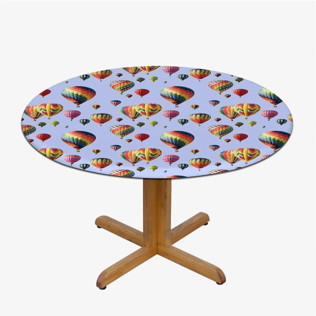 Blue Waterproof Stain Resistant Stretch Tablecloth Nostalgic Hot Air Balloons in Sky Flying Journey Fitted Table Cloths Cover Mat Colorful Fit for 36"-39" Table