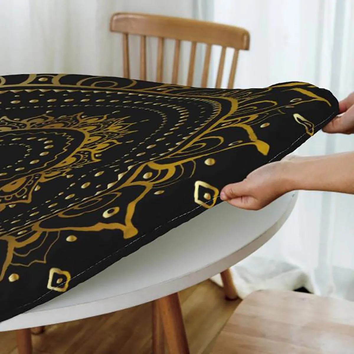 Blue Waterproof Stain Resistant Stretch Tablecloth Nostalgic Hot Air Balloons in Sky Flying Journey Fitted Table Cloths Cover Mat Colorful Fit for 36"-39" Table
