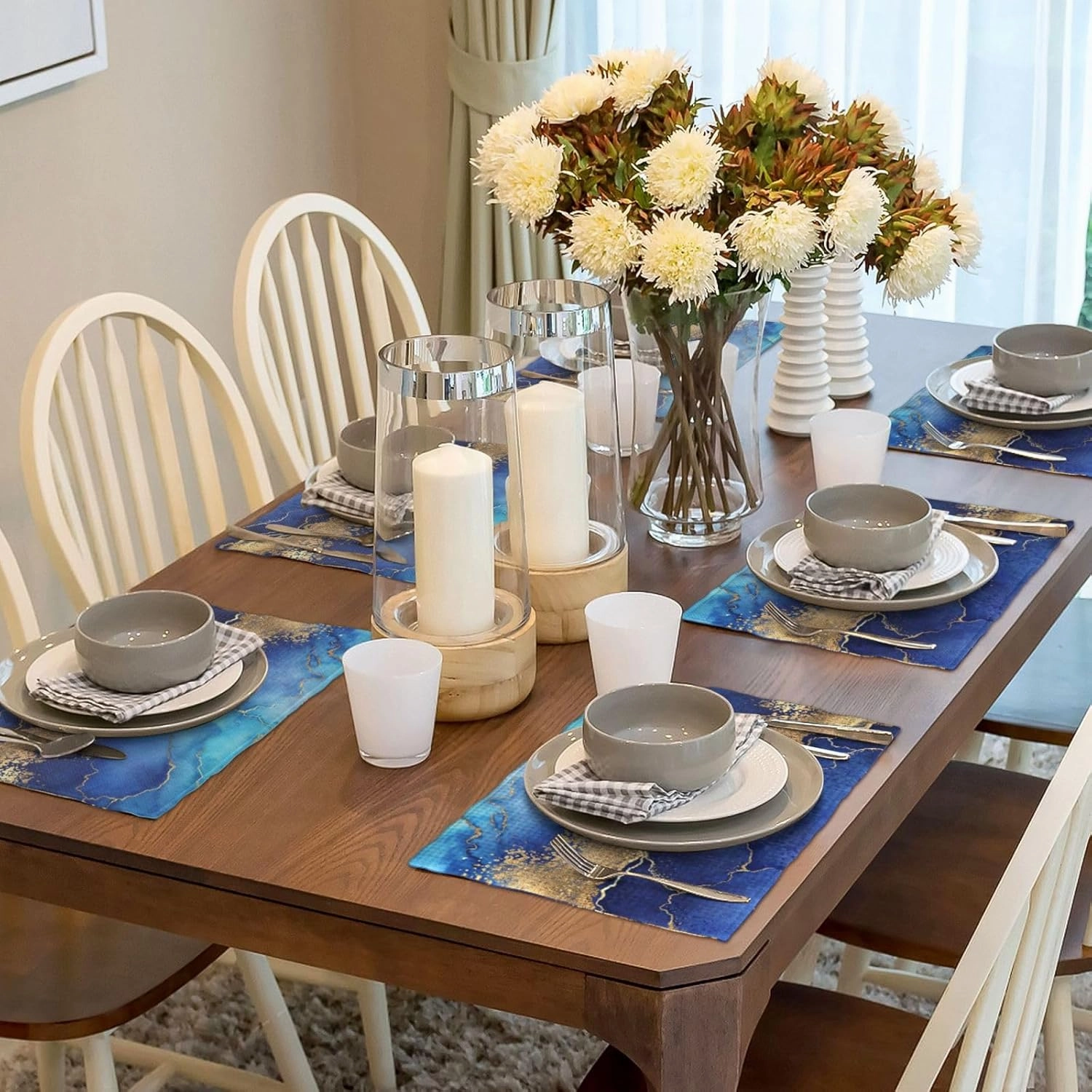 Blue Gold Marble Texture Placemats Set of 6 Table Mats Tableware Place Mats for Home Kitchen Party Dining Decor, Non-Slip Heat-Resistant Washable