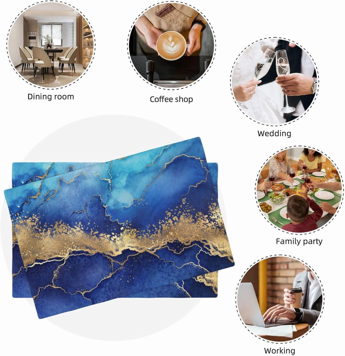 Blue Gold Marble Texture Placemats Set of 6 Table Mats Tableware Place Mats for Home Kitchen Party Dining Decor, Non-Slip Heat-Resistant Washable