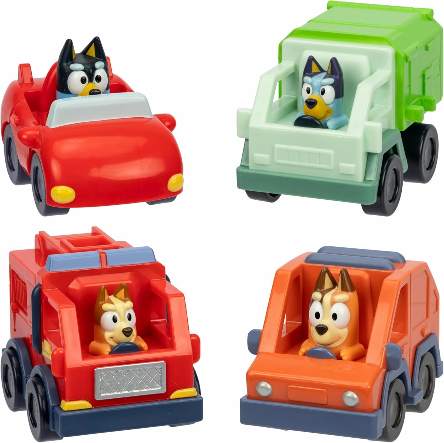 Bluey Vehicle Set – 4-Pack Includes Garbage Truck, Convertible, Family Car & Firetruck, Official Toys for Kids Ages 3 