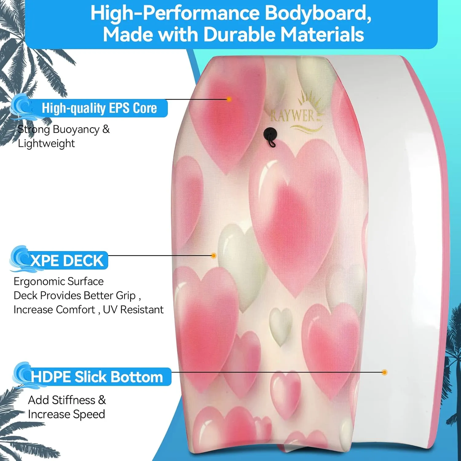 Body Board Lightweight with EPS Core, HDPE Slick Bottom, Leash & Adjustable Wrist Rope, Great Surfing for Kids and Adults