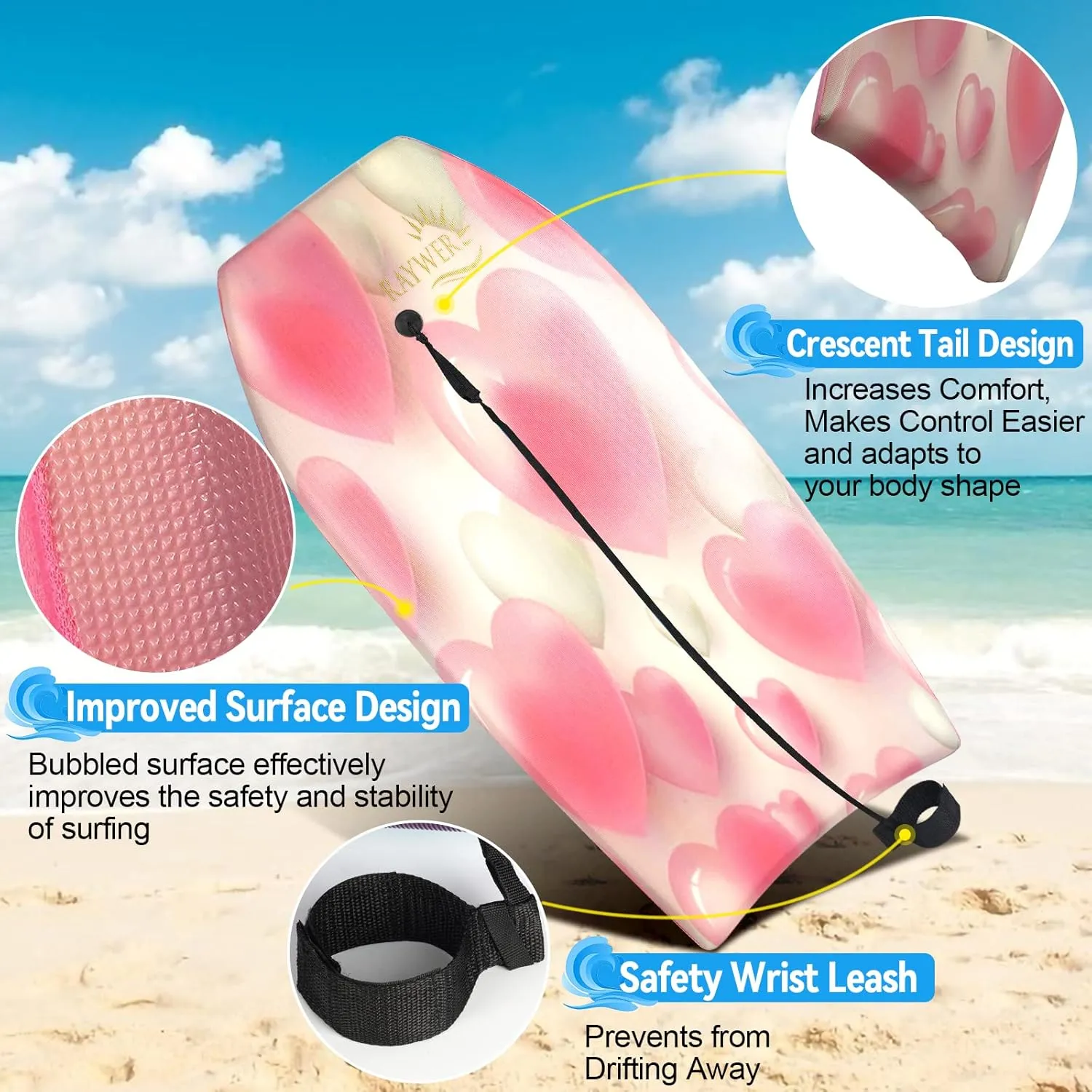 Body Board Lightweight with EPS Core, HDPE Slick Bottom, Leash & Adjustable Wrist Rope, Great Surfing for Kids and Adults