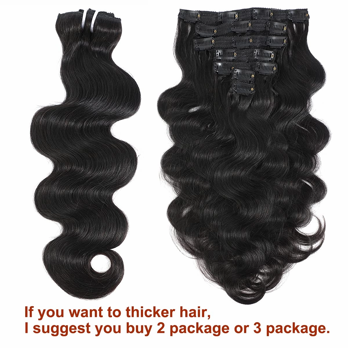 Body Wavy Clip In Human Hair Extensions 7pcs 100% Real Human Hair Body Wave Wigs With Double Strong Weft Clip In Hair 7Pieces #1b Natural Color 125 gram Include 16 Clips Soft and Easy to Wear 22 Inch