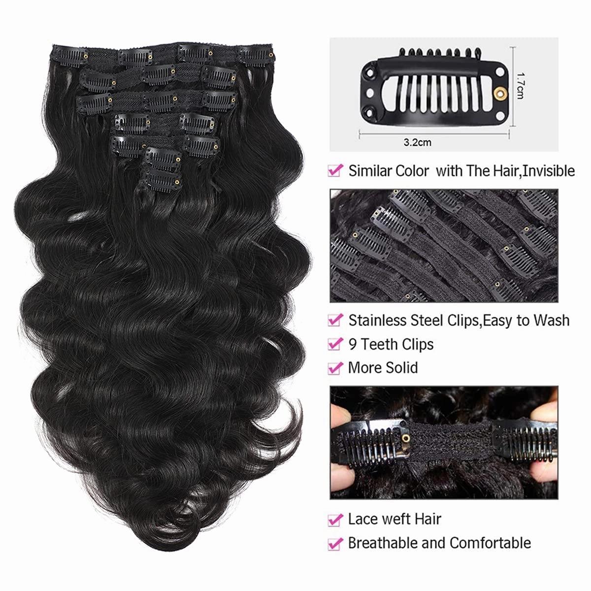 Body Wavy Clip In Human Hair Extensions 7pcs 100% Real Human Hair Body Wave Wigs With Double Strong Weft Clip In Hair 7Pieces #1b Natural Color 125 gram Include 16 Clips Soft and Easy to Wear 22 Inch