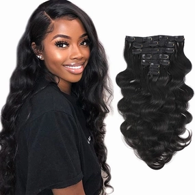Body Wavy Clip In Human Hair Extensions 7pcs 100% Real Human Hair Body Wave Wigs With Double Strong Weft Clip In Hair 7Pieces #1b Natural Color 125 gram Include 16 Clips Soft and Easy to Wear 22 Inch