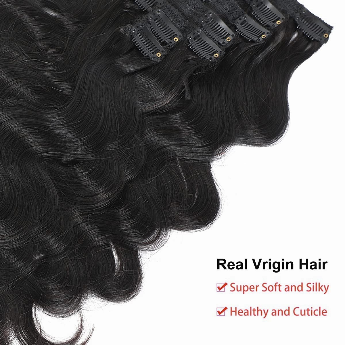 Body Wavy Clip In Human Hair Extensions 7pcs 100% Real Human Hair Body Wave Wigs With Double Strong Weft Clip In Hair 7Pieces #1b Natural Color 125 gram Include 16 Clips Soft and Easy to Wear 22 Inch
