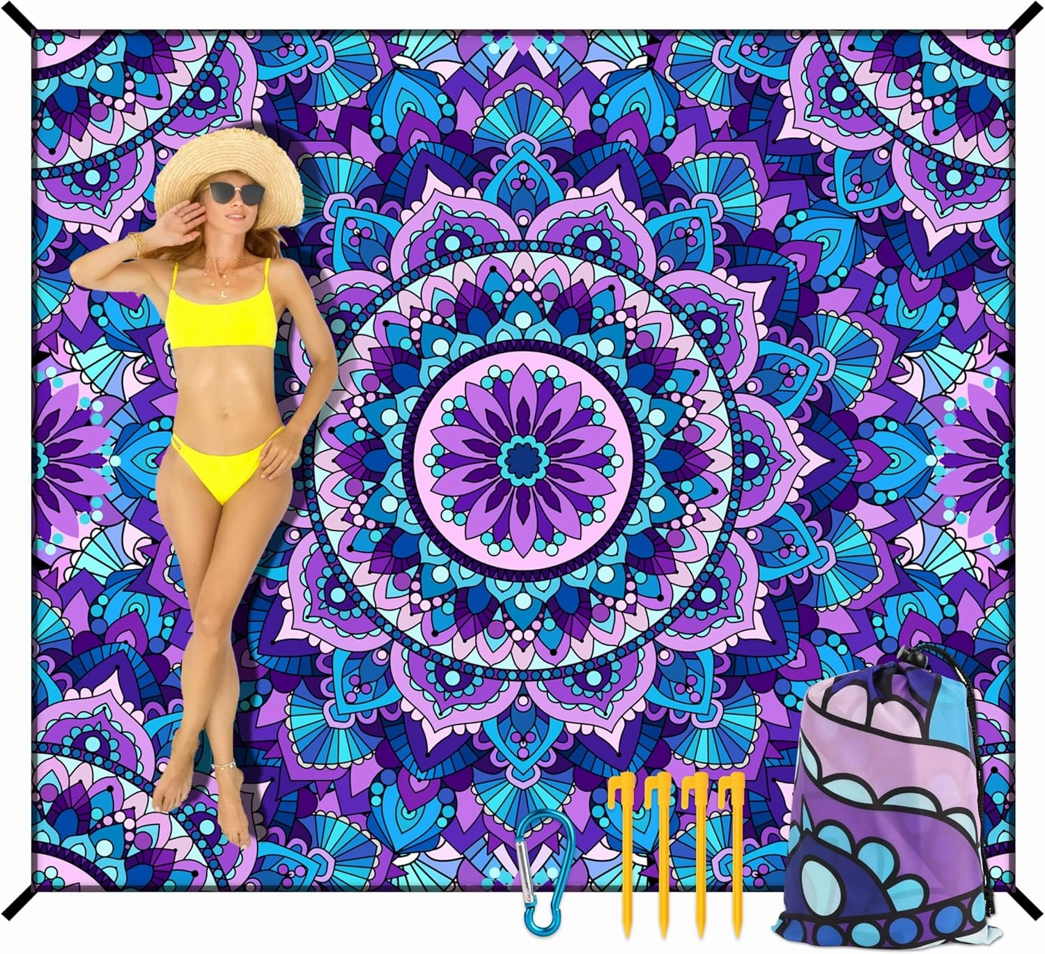 Boho Beach Blanket Waterproof Sandproof Extra Large Beach Mat 79" X 83" Quick Drying Oversized Outdoor Picnic Camping Blankets for Beach Travel Vacation (79" x83, Purple Boho)