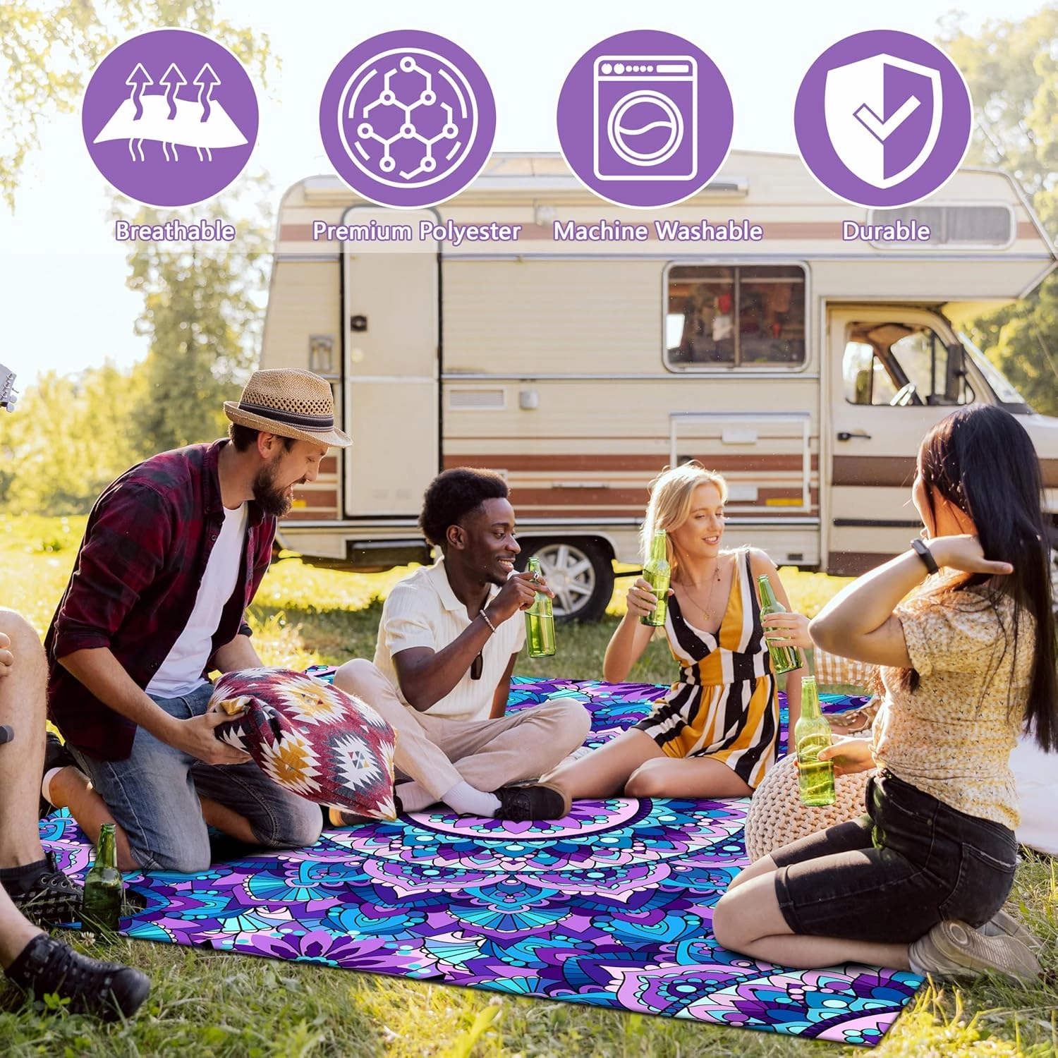 Boho Beach Blanket Waterproof Sandproof Extra Large Beach Mat 79" X 83" Quick Drying Oversized Outdoor Picnic Camping Blankets for Beach Travel Vacation (79" x83, Purple Boho)