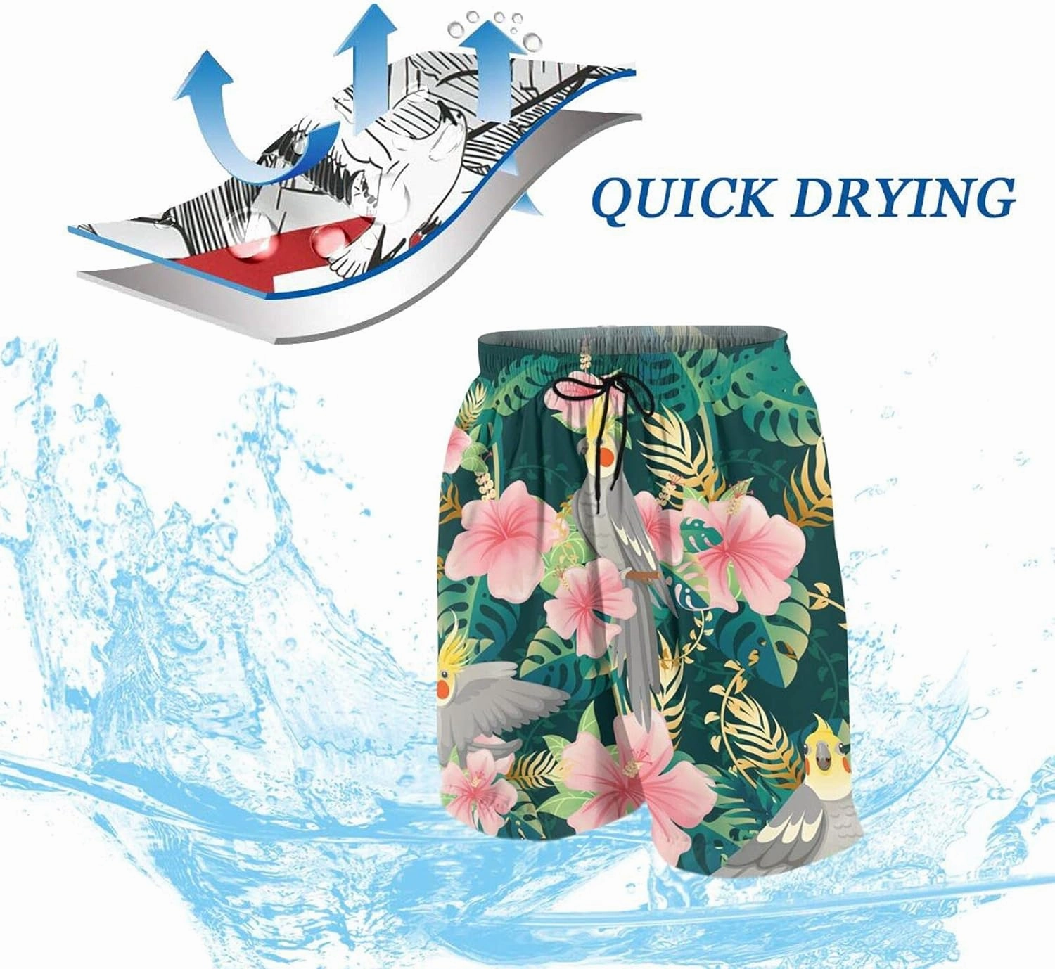 Boho Flying Peacock Feather Teens Swim Trunks 20" Stretch Quick Dry Swimwear Surf Board Beach Shorts Summer