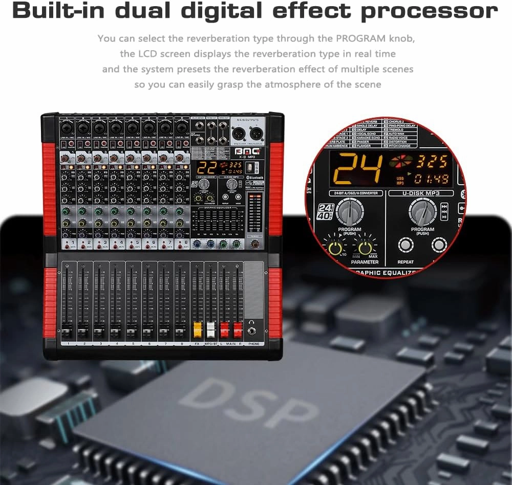 BOMGE X-8 Professional 8 Channel Audio Mixer Sound Board Mixing Console 8 Mic/Line Input Interface USB/MP3/Bluetooth Input 48V Phantom Power 24 FX DSP For PC, Studio Recording, Live Performance