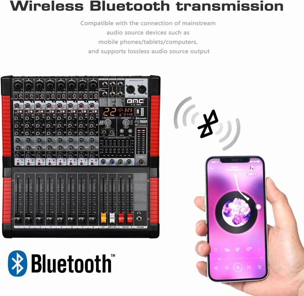 BOMGE X-8 Professional 8 Channel Audio Mixer Sound Board Mixing Console 8 Mic/Line Input Interface USB/MP3/Bluetooth Input 48V Phantom Power 24 FX DSP For PC, Studio Recording, Live Performance