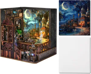 Book Nook Kit, Booknook Kits for Adults and Teens, DIY 3D Wooden Puzzle Bookend Miniature Dollhouse Kit Bookshelf Decor Alley Build Model with LED Light