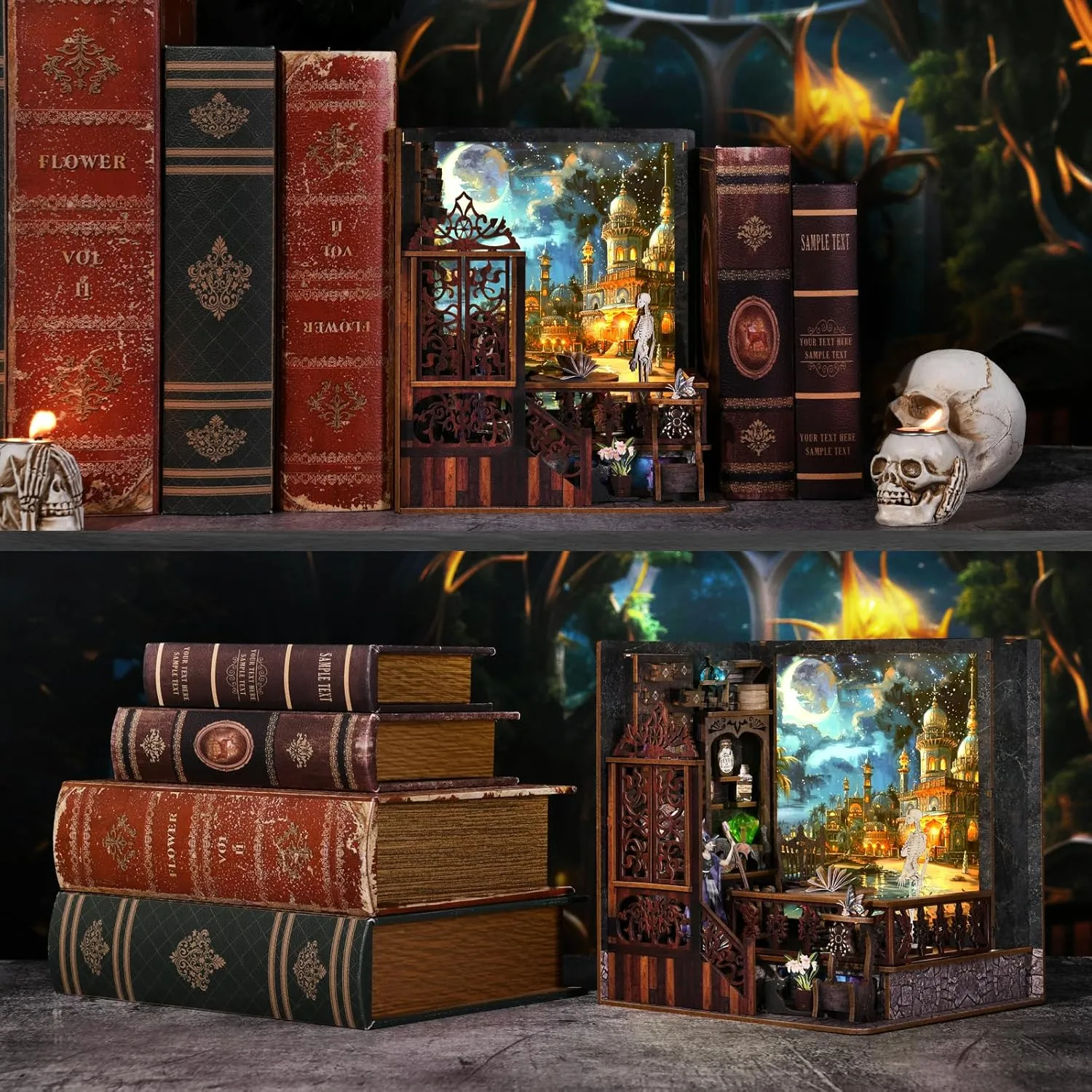 Book Nook Kit, Booknook Kits for Adults and Teens, DIY 3D Wooden Puzzle Bookend Miniature Dollhouse Kit Bookshelf Decor Alley Build Model with LED Light