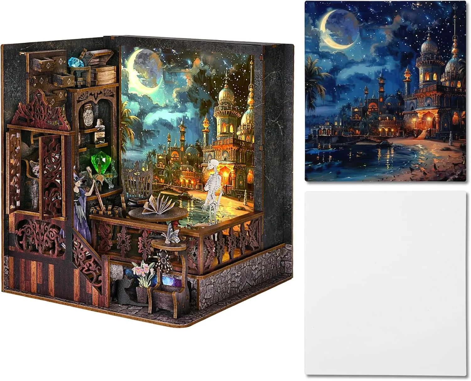 Book Nook Kit, Booknook Kits for Adults and Teens, DIY 3D Wooden Puzzle Bookend Miniature Dollhouse Kit Bookshelf Decor Alley Build Model with LED Light