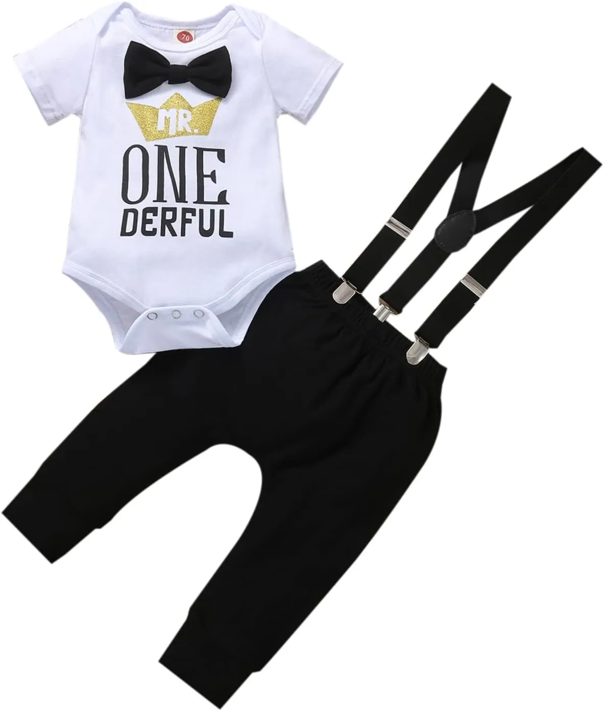 Boy One 1st Birthday Outfits Infant Clothes Short Sleeve Bow Tie Romper Pants Set Suspenders