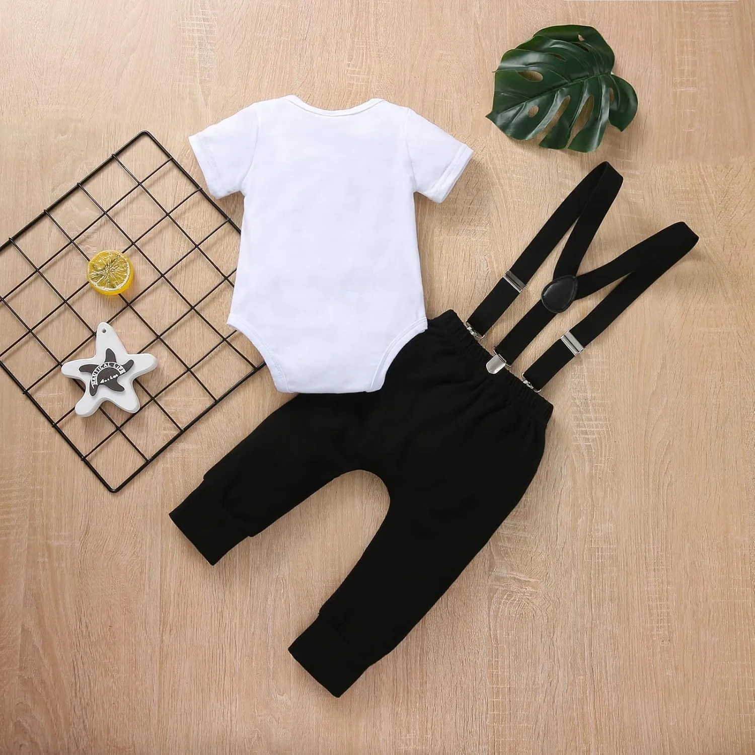 Boy One 1st Birthday Outfits Infant Clothes Short Sleeve Bow Tie Romper Pants Set Suspenders