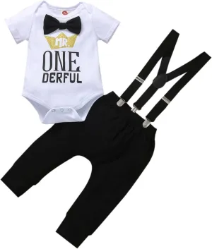 Boy One 1st Birthday Outfits Infant Clothes Short Sleeve Bow Tie Romper Pants Set Suspenders