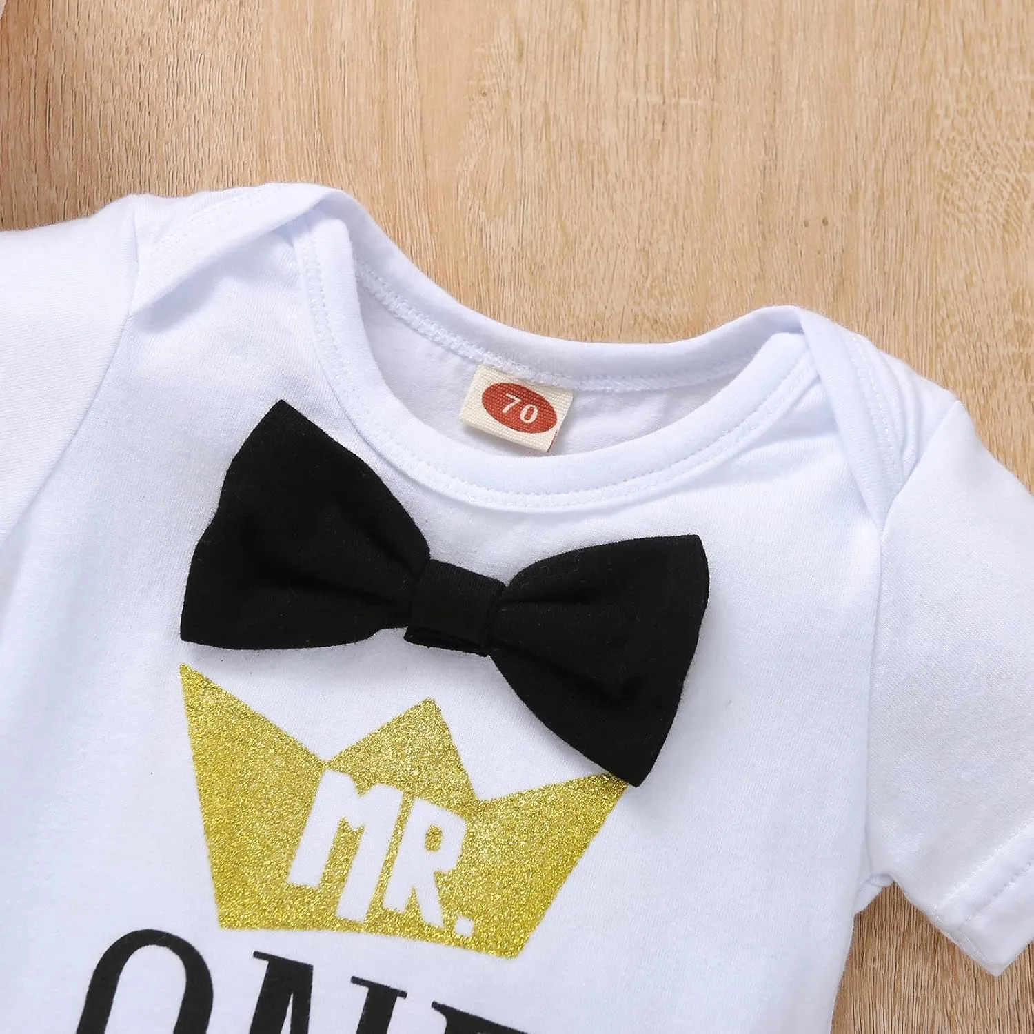 Boy One 1st Birthday Outfits Infant Clothes Short Sleeve Bow Tie Romper Pants Set Suspenders