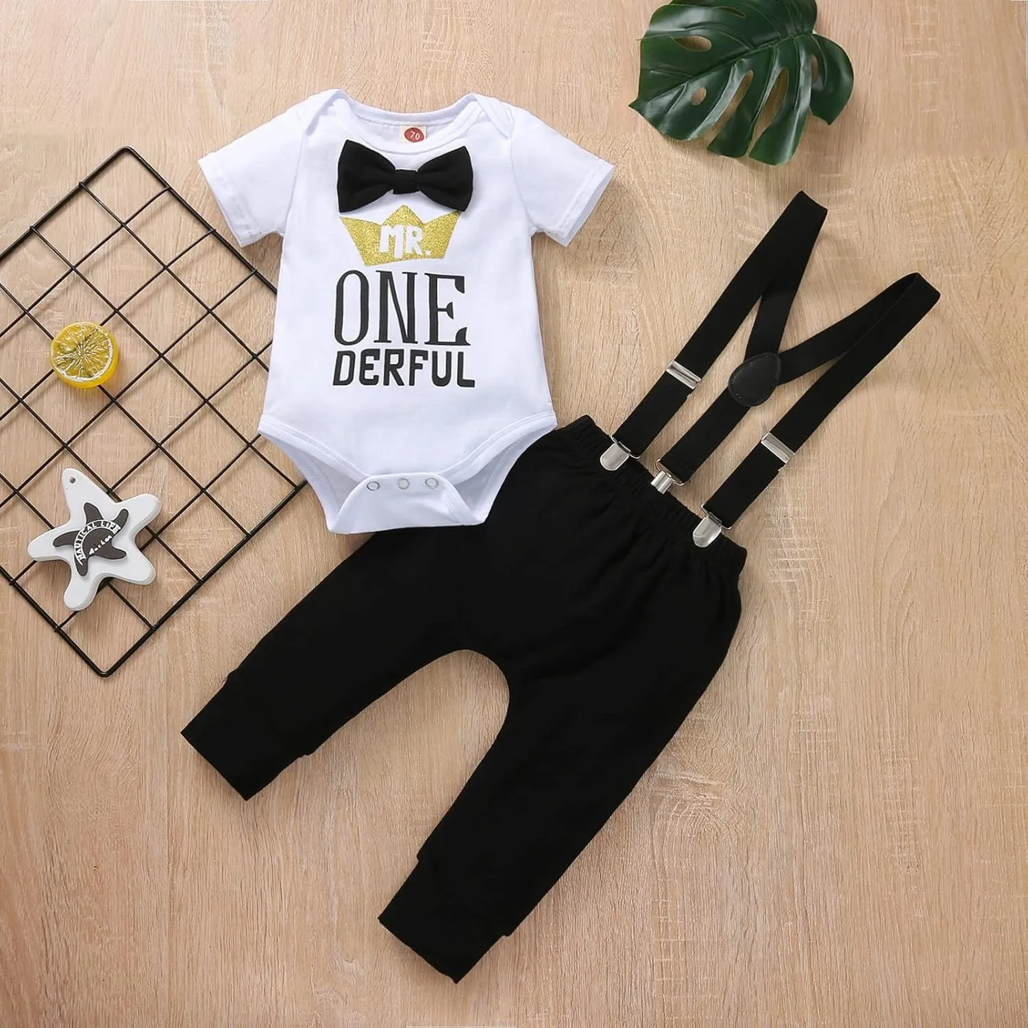 Boy One 1st Birthday Outfits Infant Clothes Short Sleeve Bow Tie Romper Pants Set Suspenders