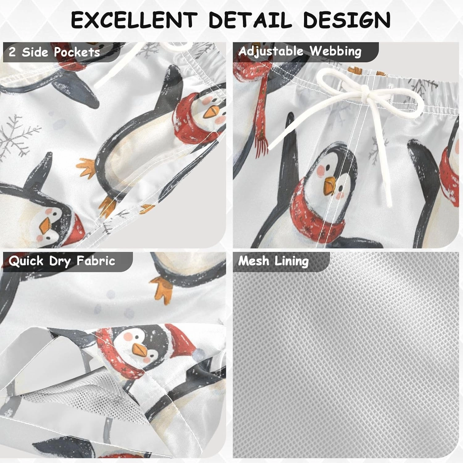 Boys Beach Board Shorts Cute Penguin Cool Snow Swim Trunk Teen Swimwear