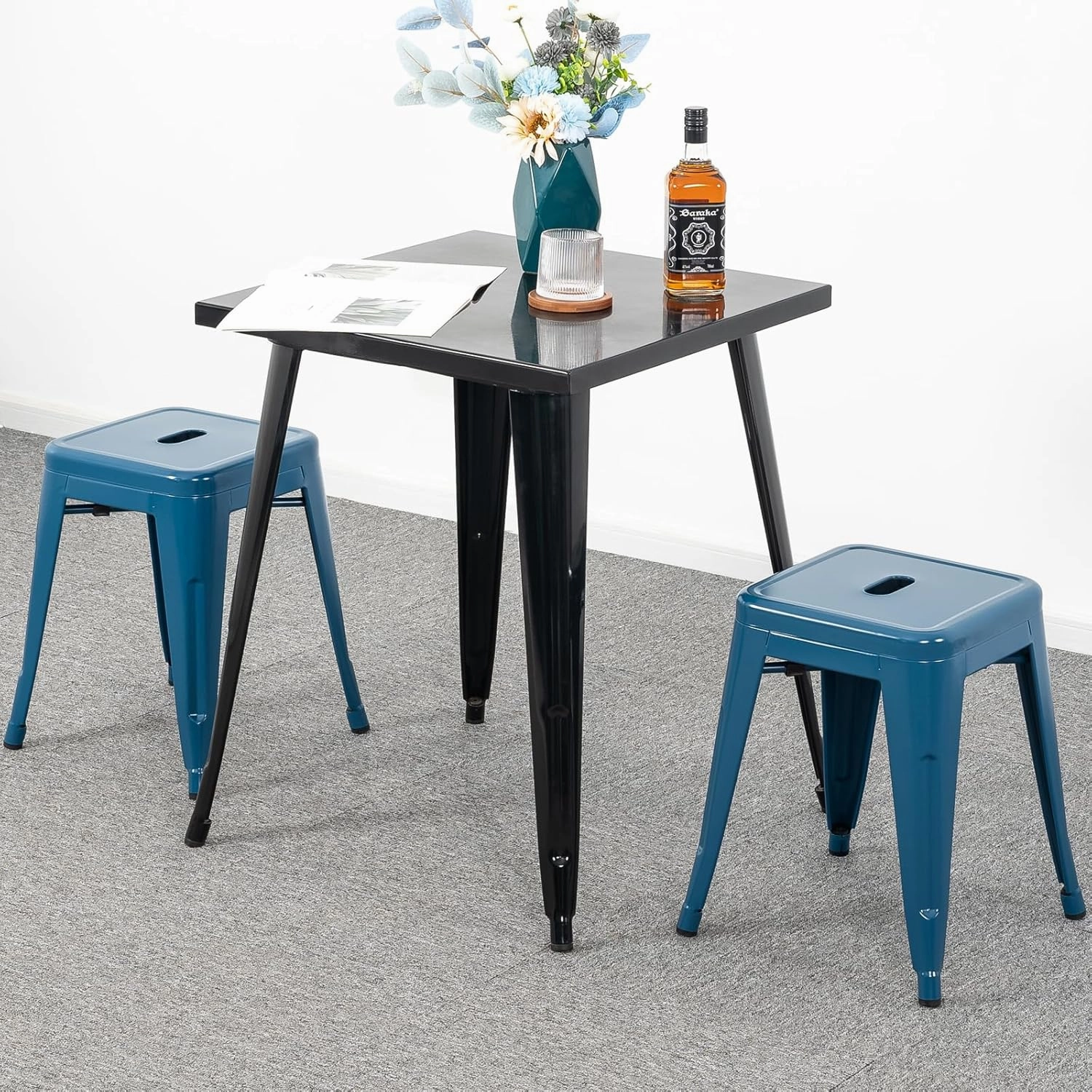 Brage Living 18 Inch Industrial Metal Stools Set of 2, Short Stackable Classroom Stools, Backless Metal Dining Chairs for Indoor Outdoor Kitchen (Deep Blue)