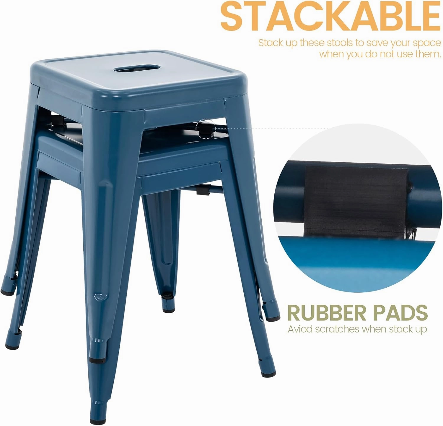 Brage Living 18 Inch Industrial Metal Stools Set of 2, Short Stackable Classroom Stools, Backless Metal Dining Chairs for Indoor Outdoor Kitchen (Deep Blue)