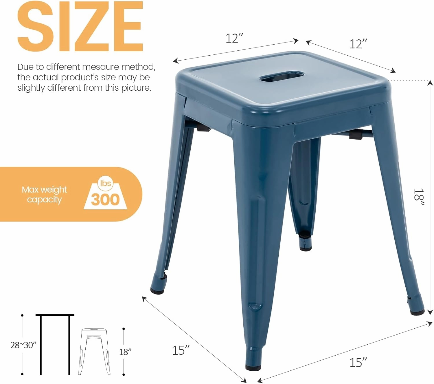 Brage Living 18 Inch Industrial Metal Stools Set of 2, Short Stackable Classroom Stools, Backless Metal Dining Chairs for Indoor Outdoor Kitchen (Deep Blue)