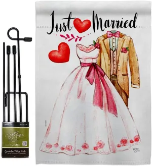 Breeze Decor Just Married Garden Flag Set with Stand Celebration Wedding Marriage Bride Groom Mrs Occasion Anniversary Party House Decoration Banner Small Yard Gift Double-Sided, Made in USA